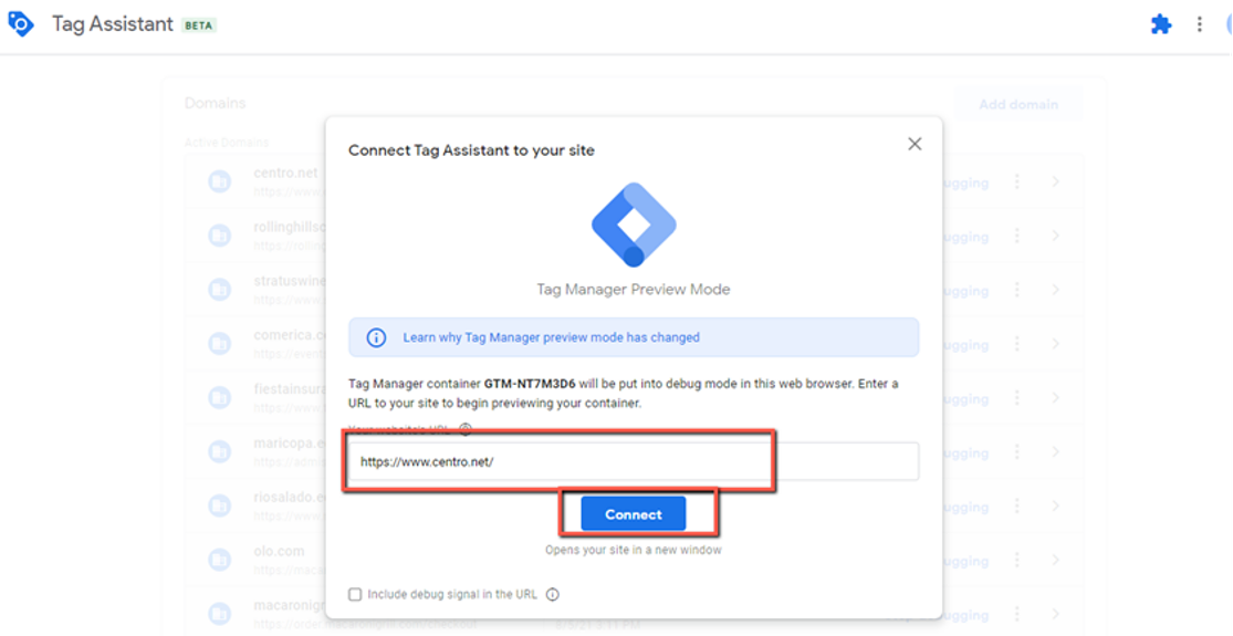 Tag manager preview with example URL and connect button highlighted. 